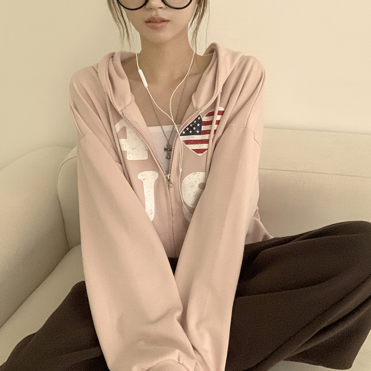 アメリカレタリングフードジップアップ(7color) PINK