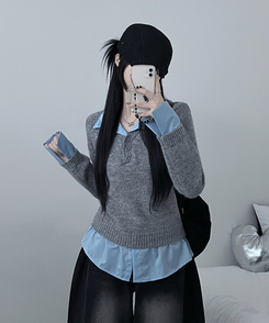 러프브이넥단추셔츠카라레이어드루즈핏니트 그레이