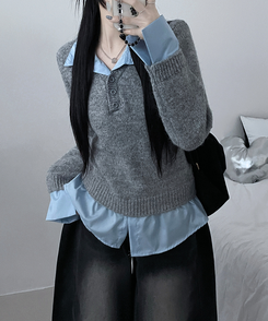 러프브이넥단추셔츠카라레이어드루즈핏니트 그레이