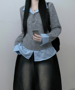 러프브이넥단추셔츠카라레이어드루즈핏니트 그레이