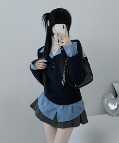 러프브이넥단추셔츠카라레이어드루즈핏니트 네이비