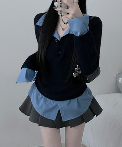 러프브이넥단추셔츠카라레이어드루즈핏니트 네이비