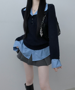 러프브이넥단추셔츠카라레이어드루즈핏니트 네이비