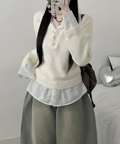 러프브이넥단추셔츠카라레이어드루즈핏니트 아이보리