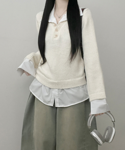 러프브이넥단추셔츠카라레이어드루즈핏니트 아이보리