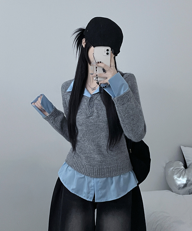 러프브이넥단추셔츠카라레이어드루즈핏니트 그레이