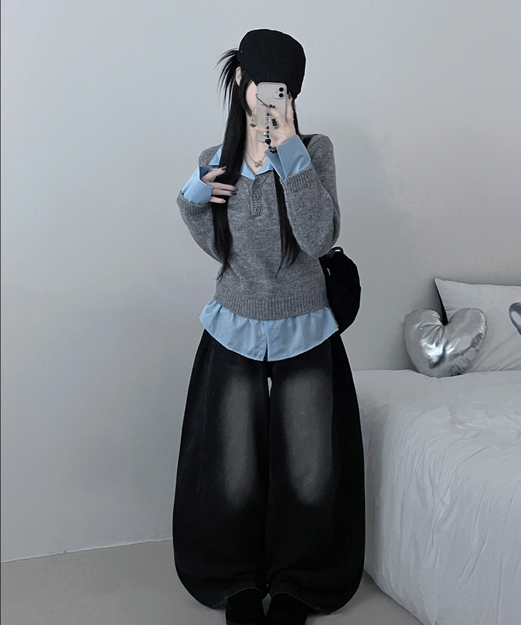 러프브이넥단추셔츠카라레이어드루즈핏니트 그레이