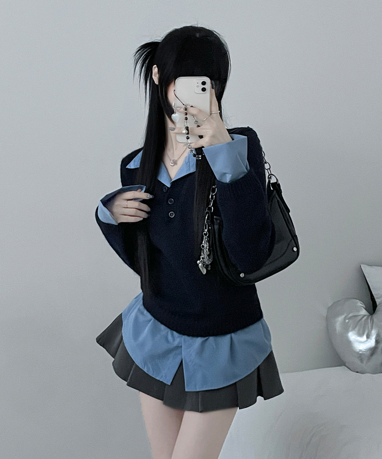 러프브이넥단추셔츠카라레이어드루즈핏니트 네이비