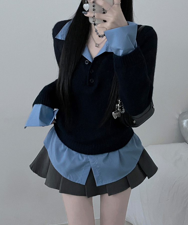 러프브이넥단추셔츠카라레이어드루즈핏니트 네이비