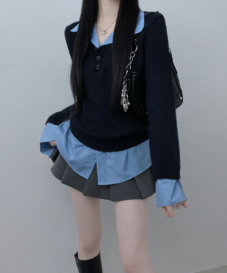 러프브이넥단추셔츠카라레이어드루즈핏니트 네이비