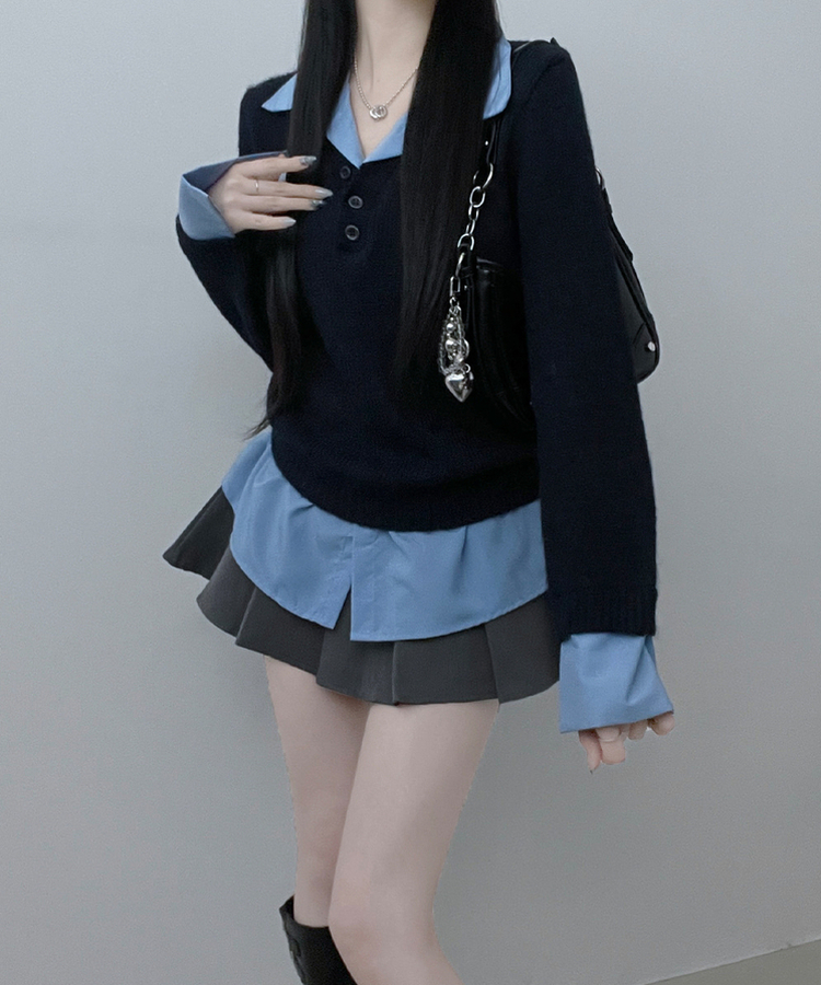 러프브이넥단추셔츠카라레이어드루즈핏니트 네이비