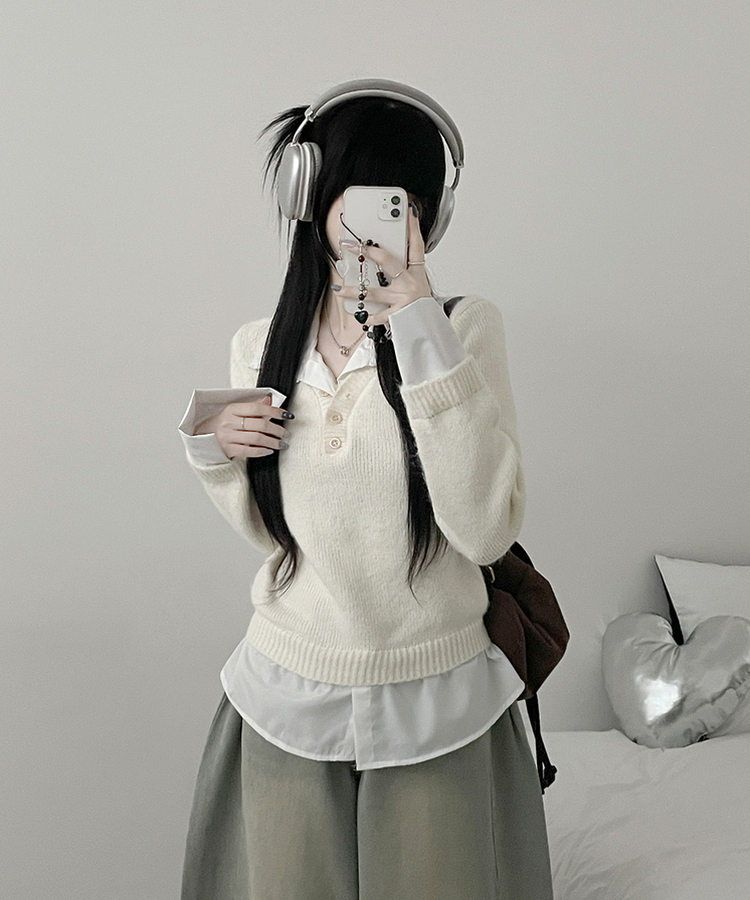 러프브이넥단추셔츠카라레이어드루즈핏니트 아이보리