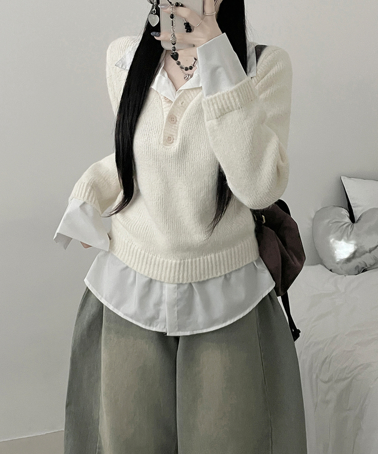 러프브이넥단추셔츠카라레이어드루즈핏니트 아이보리