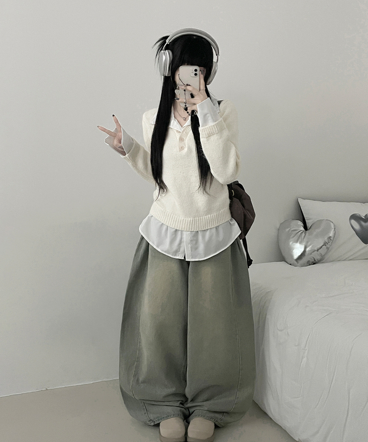 러프브이넥단추셔츠카라레이어드루즈핏니트 아이보리