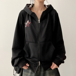 チェックスターフードジップアップ BLACK