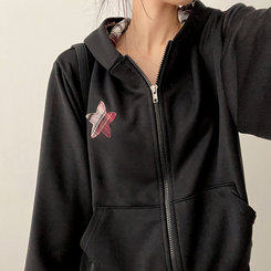 チェックスターフードジップアップ BLACK