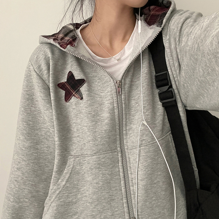 チェックスターフードジップアップ MELANGE