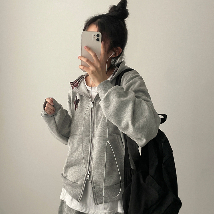 チェックスターフードジップアップ MELANGE