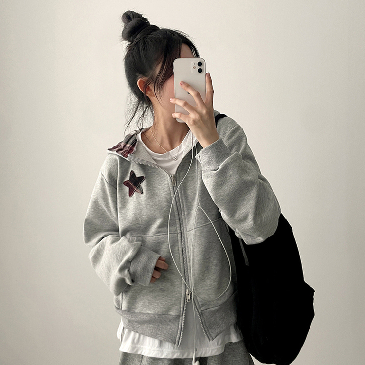 チェックスターフードジップアップ MELANGE