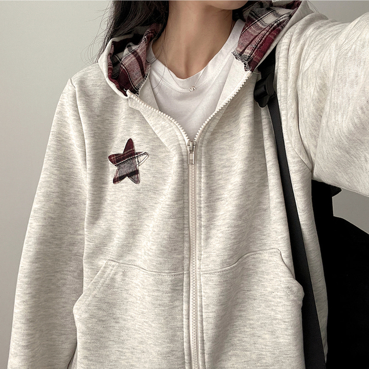 チェックスターフードジップアップ OATMEAL