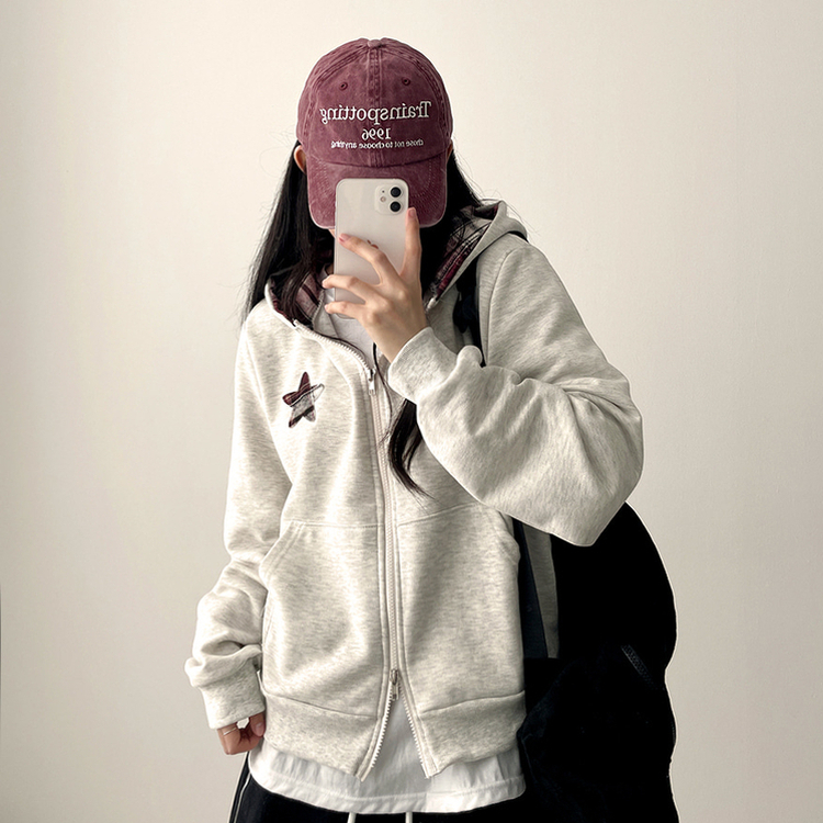 チェックスターフードジップアップ OATMEAL