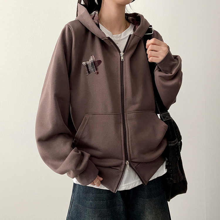 チェックスターフードジップアップ BROWN