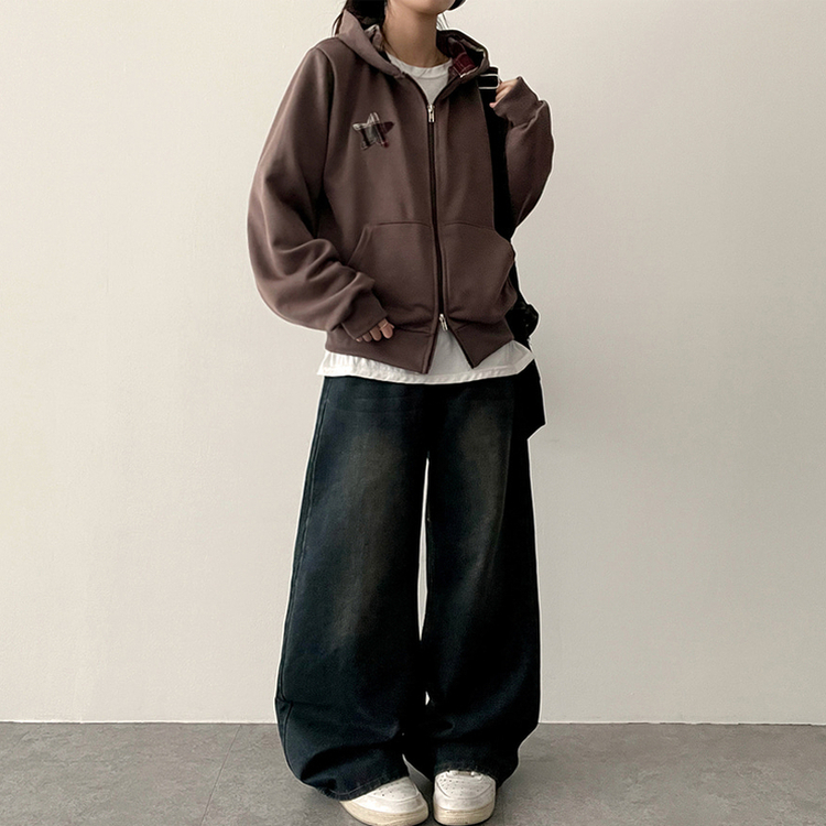 チェックスターフードジップアップ BROWN