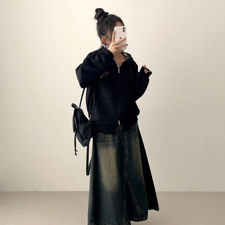 チェックスターフードジップアップ BLACK