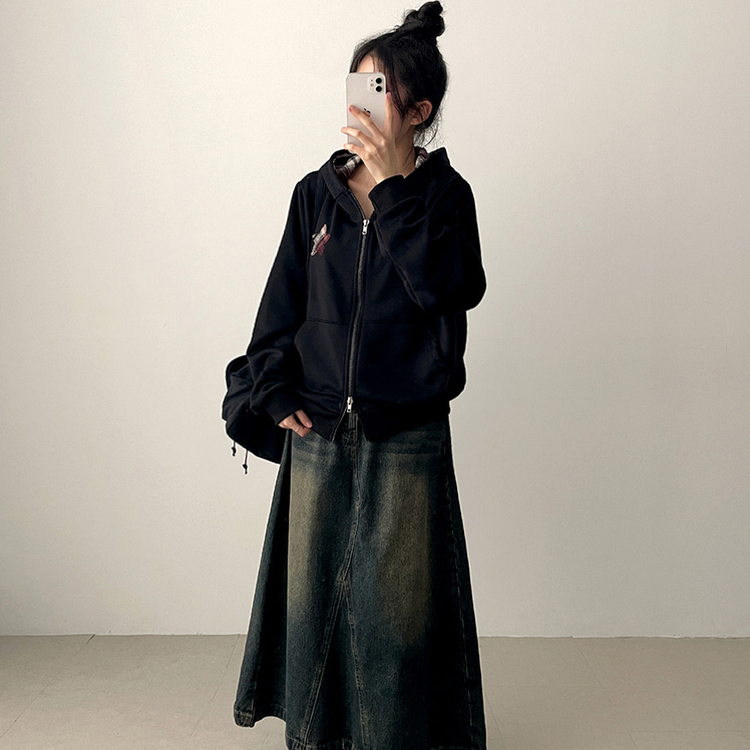 チェックスターフードジップアップ BLACK