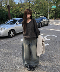 ビンテージウォッシングデニムワイドパンツ BLUE