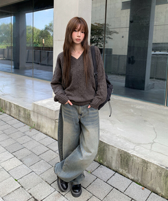 ビンテージウォッシングデニムワイドパンツ BLUE