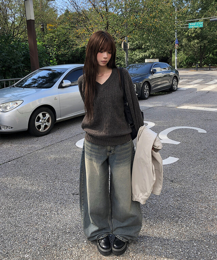 ビンテージウォッシングデニムワイドパンツ BLUE