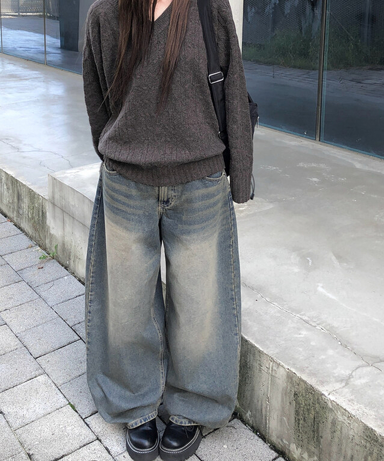 ビンテージウォッシングデニムワイドパンツ BLUE