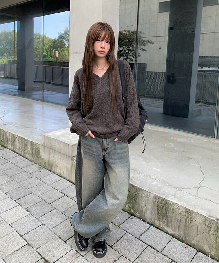 ビンテージウォッシングデニムワイドパンツ BLUE