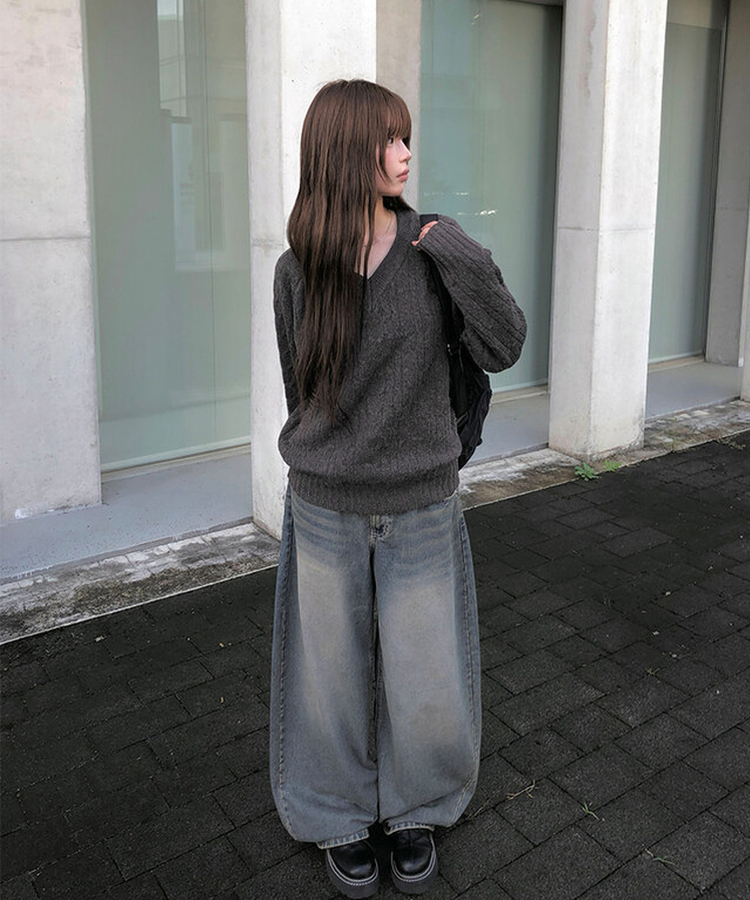 ビンテージウォッシングデニムワイドパンツ BLUE