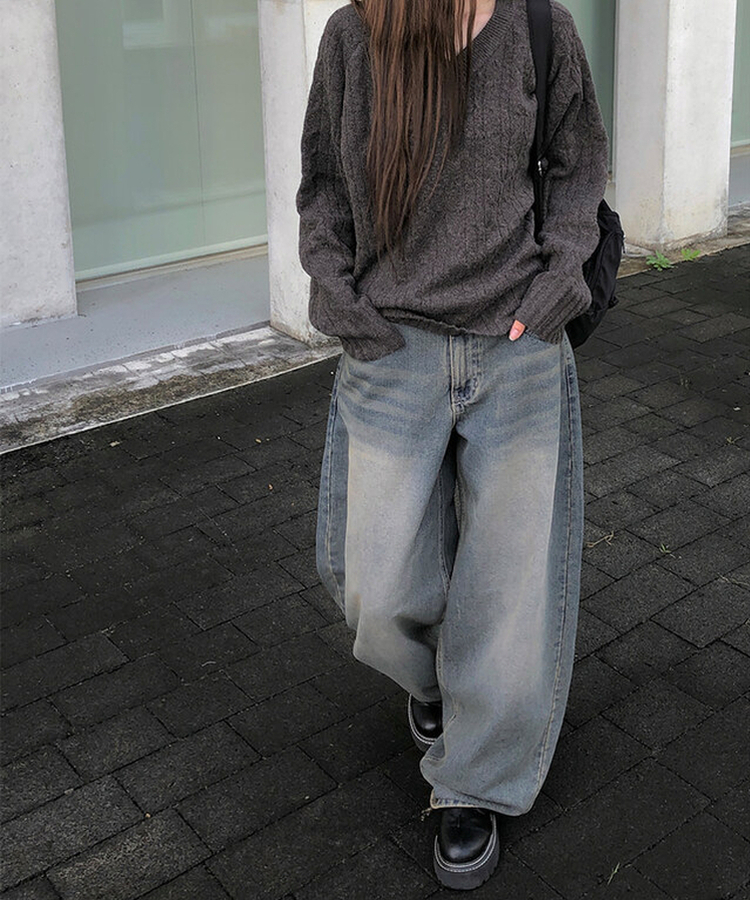 ビンテージウォッシングデニムワイドパンツ BLUE