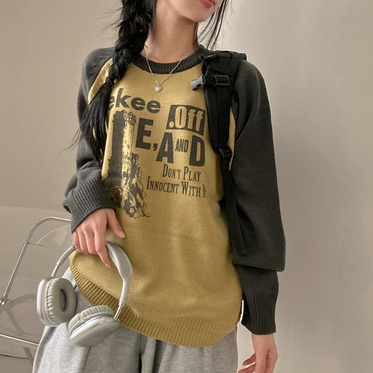 티켄 레터링 배색 라운드 나그랑 루즈핏 니트 차콜