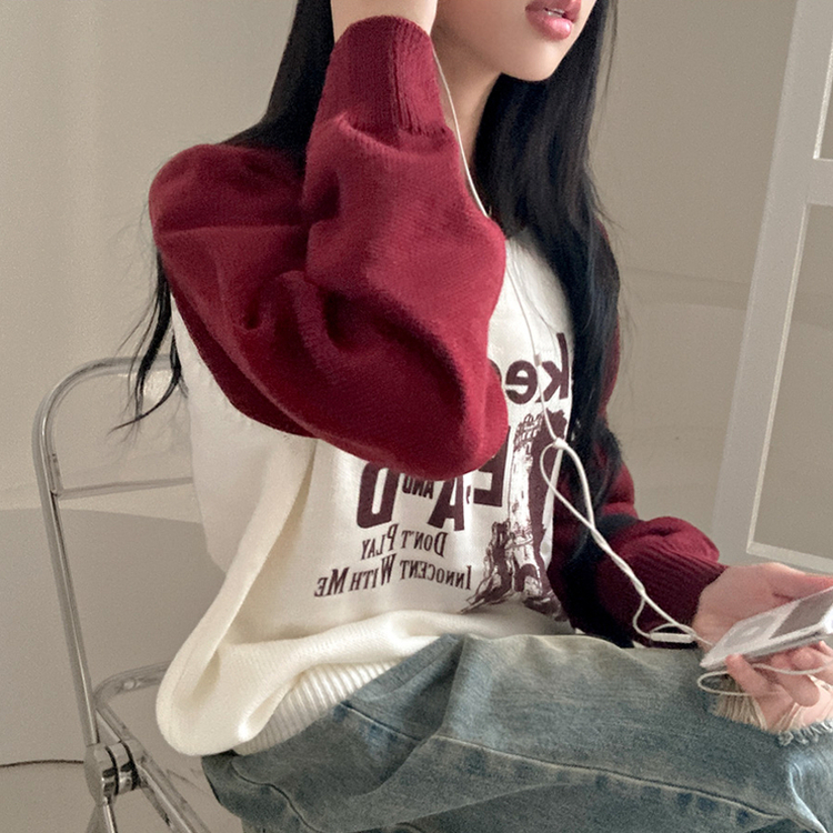 티켄 레터링 배색 라운드 나그랑 루즈핏 니트 레드