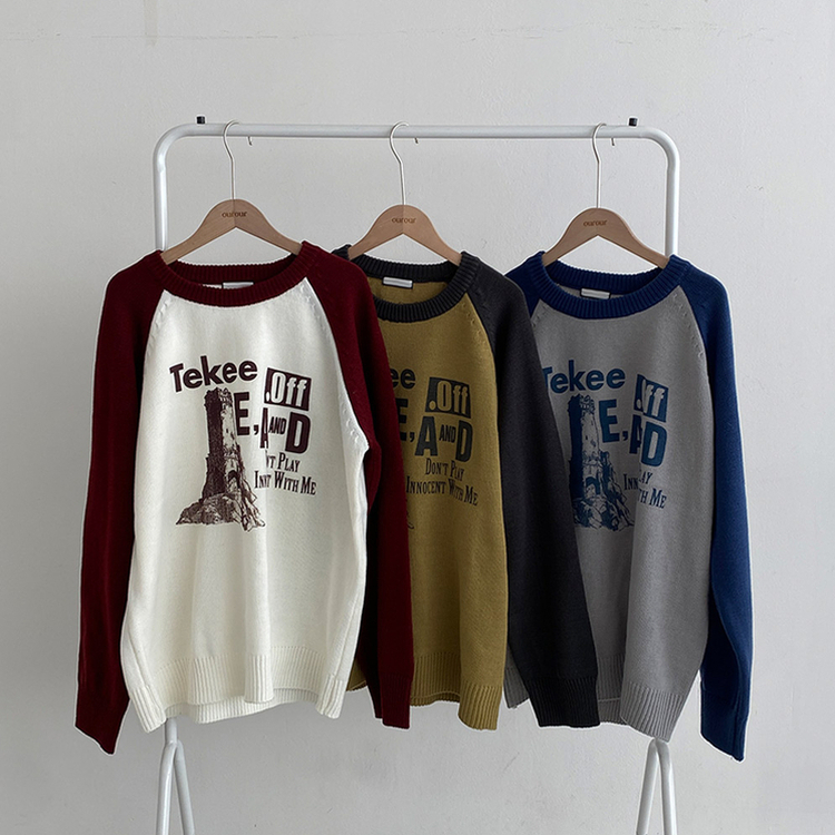 티켄 레터링 배색 라운드 나그랑 루즈핏 니트