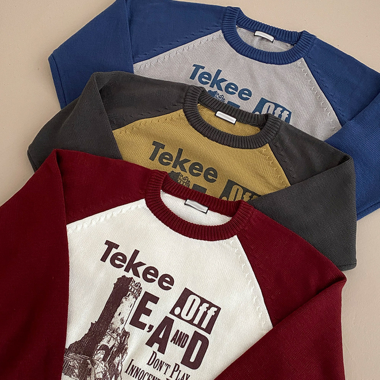 티켄 레터링 배색 라운드 나그랑 루즈핏 니트