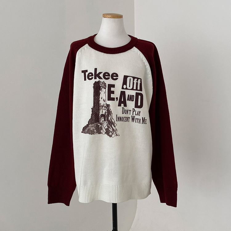 티켄 레터링 배색 라운드 나그랑 루즈핏 니트