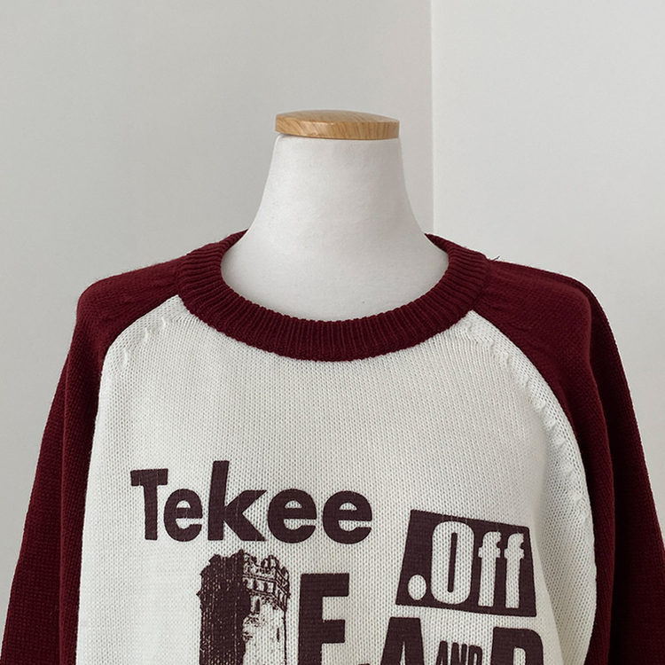 티켄 레터링 배색 라운드 나그랑 루즈핏 니트