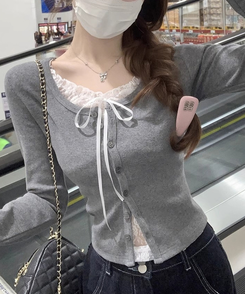 レースリボンニットカーディガン GREY