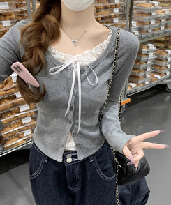 レースリボンニットカーディガン GREY