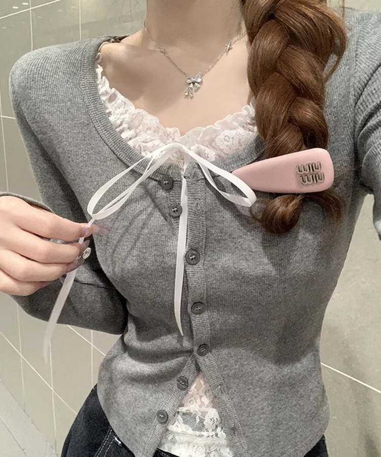 レースリボンニットカーディガン GREY