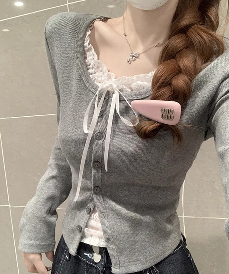 レースリボンニットカーディガン GREY
