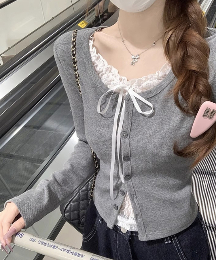 レースリボンニットカーディガン GREY