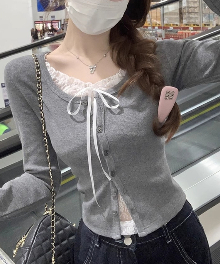 レースリボンニットカーディガン GREY