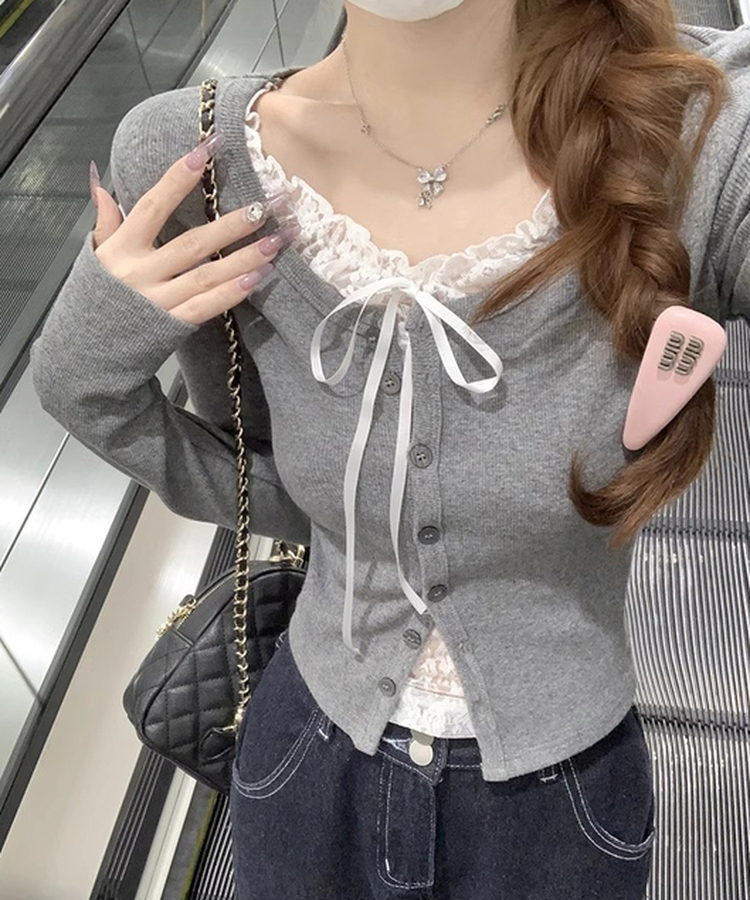レースリボンニットカーディガン GREY
