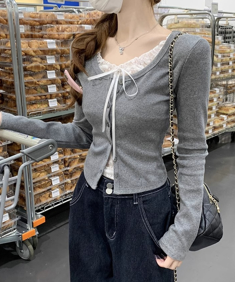 レースリボンニットカーディガン GREY